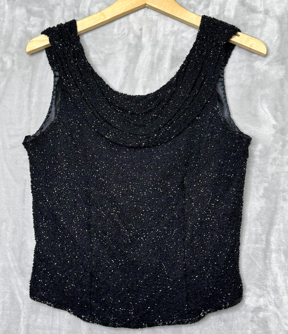 Scala Top Womens Medium Black Blead Silk Drape Neck Sleeveless Cocktail Formal